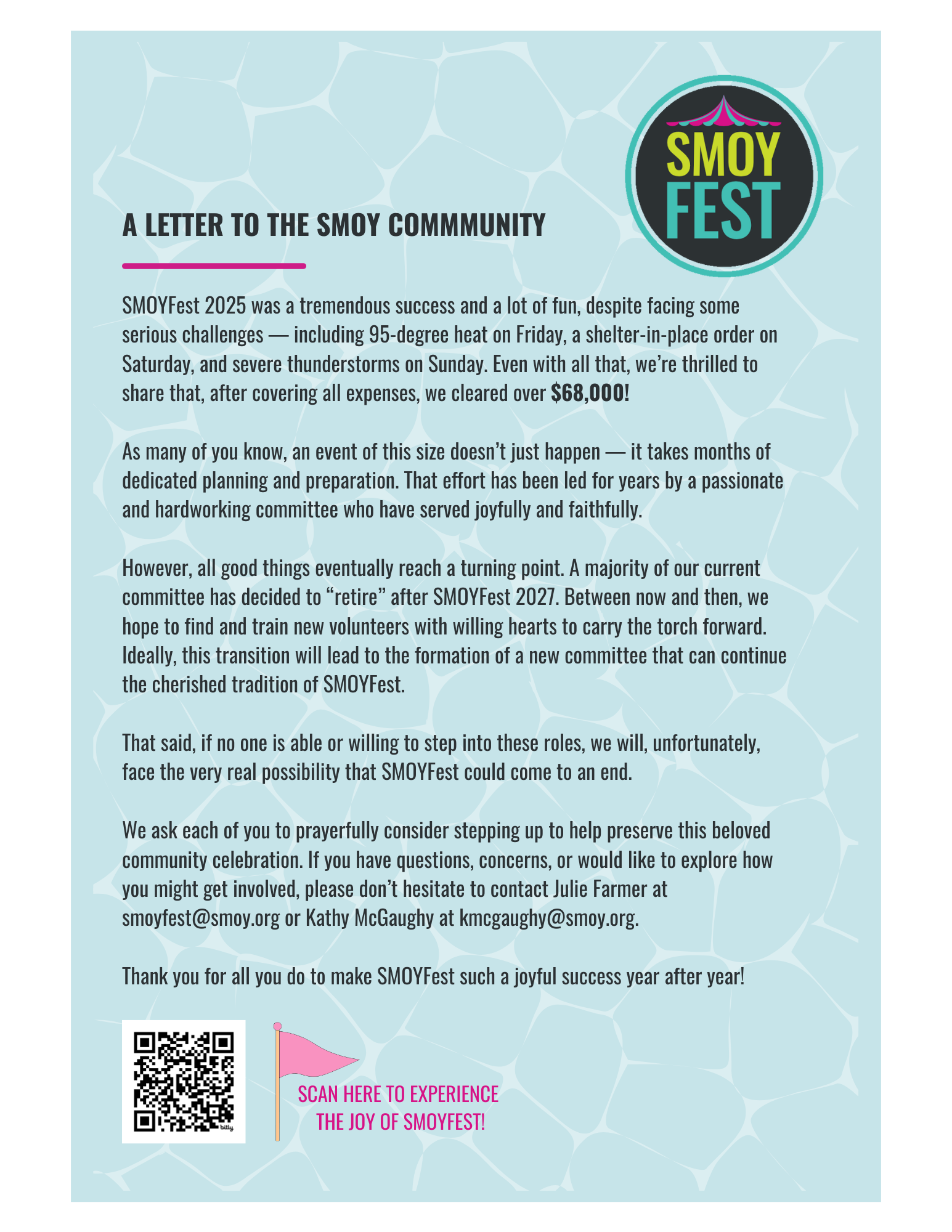 A Letter to the SMOY Commmunity